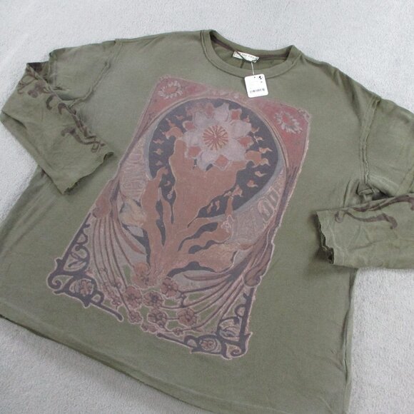 We The Free Shirt Womens Medium Green Fiona Twofer Long Sleeve Grungy Floral Tee - Picture 4 of 12